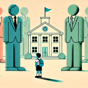 AI gegenereerde afbeelding van kind voor schoolgebouw met grote mannen in pakken om het kind heen.