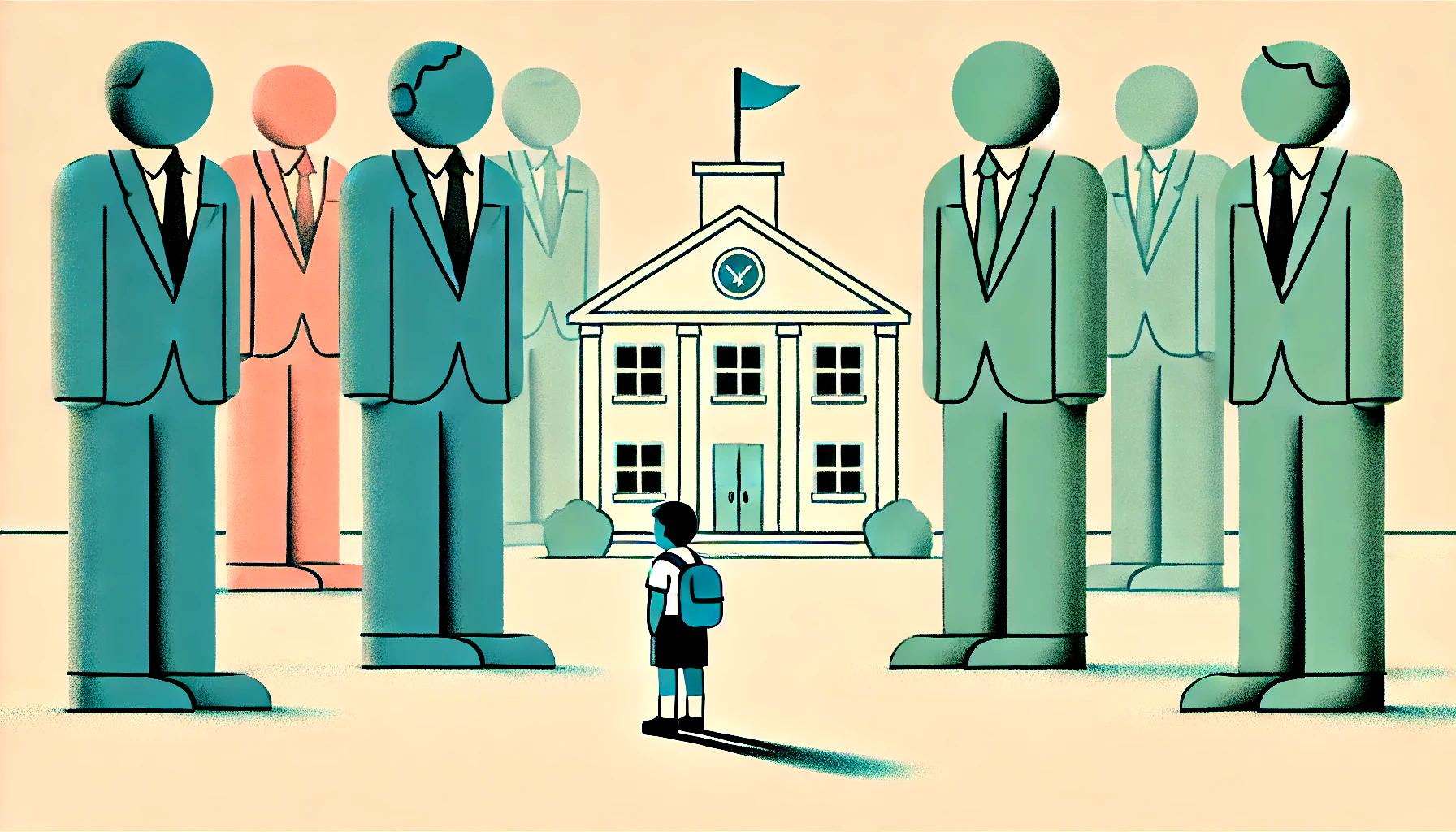 AI gegenereerde afbeelding van kind voor schoolgebouw met grote mannen in pakken om het kind heen.